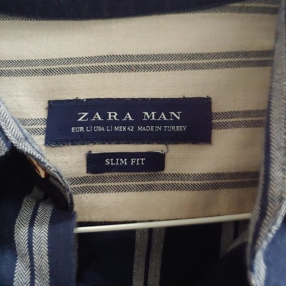 Zara Mens Size Large  Navy/White Striped 99%  Very Soft Cotton Slim fit… - Picture 8 of 8